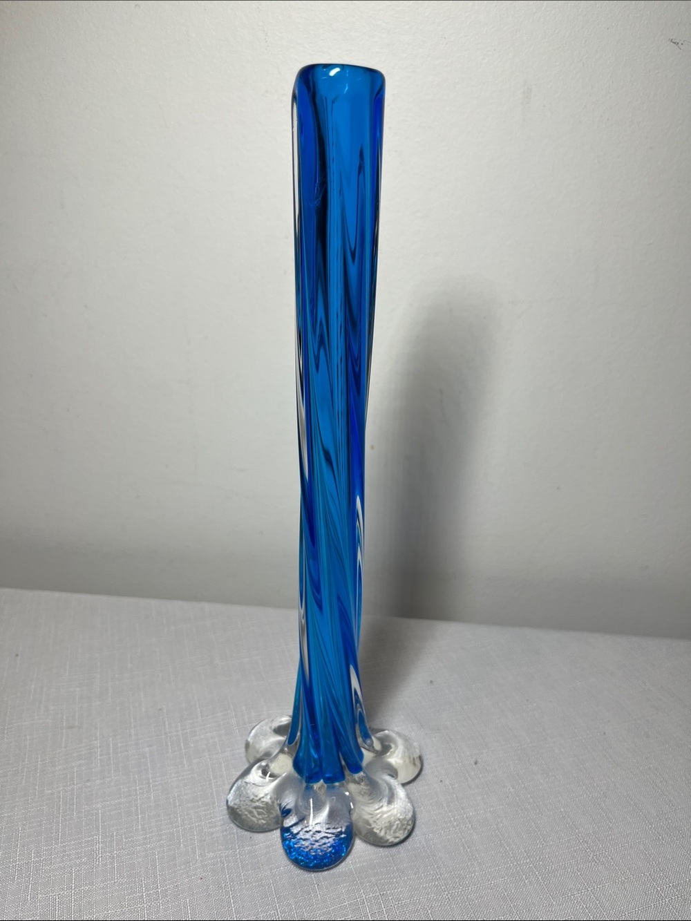vintage Murano glass bud vase blue twisted stem & clear "elephant foot" base